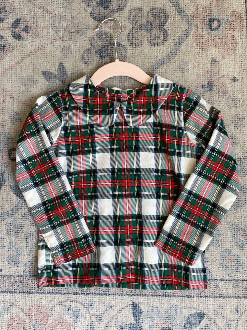 TBBC Plaid Long Sleeve Flannel Shirt Green, Red & White Tartan, Back Buttons 4T